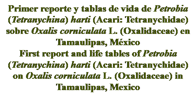 Cuadro de texto: Primer reporte y tablas de vida de Petrobia (Tetranychina) harti (Acari: Tetranychidae) sobre Oxalis corniculata L. (Oxalidaceae) en Tamaulipas, México
First report and life tables of Petrobia (Tetranychina) harti (Acari: Tetranychidae) on Oxalis corniculata L. (Oxalidaceae) in Tamaulipas, Mexico

